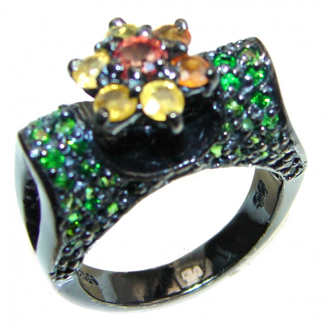 Fancy multicolor Sapphire black rhodium over .925 Sterling Silver handcrafted ring size 8