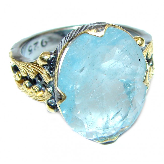 Vinatge Design Aquamarine 18K Gold over .925 Sterling Silver handmade ring s. 8 1/2