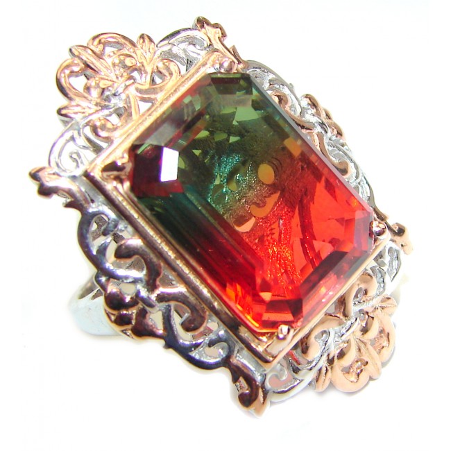 HUGE Emerald cut Watermelon Tourmaline 18k Gold over .925 Sterling Silver handcrafted Ring s. 7 1/2