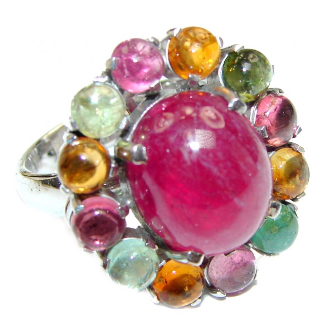 Genuine 25 ctw Star Ruby Watermelon Tourmaline .925 Sterling Silver handcrafted Statement Ring size 8