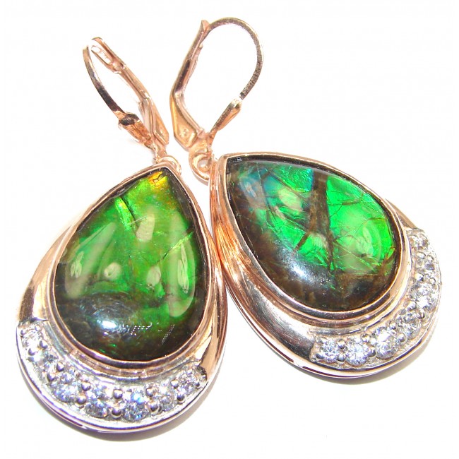 Large Green Aura AAA Canadian Fire Ammolite .925 Sterling Silver handmade earrings