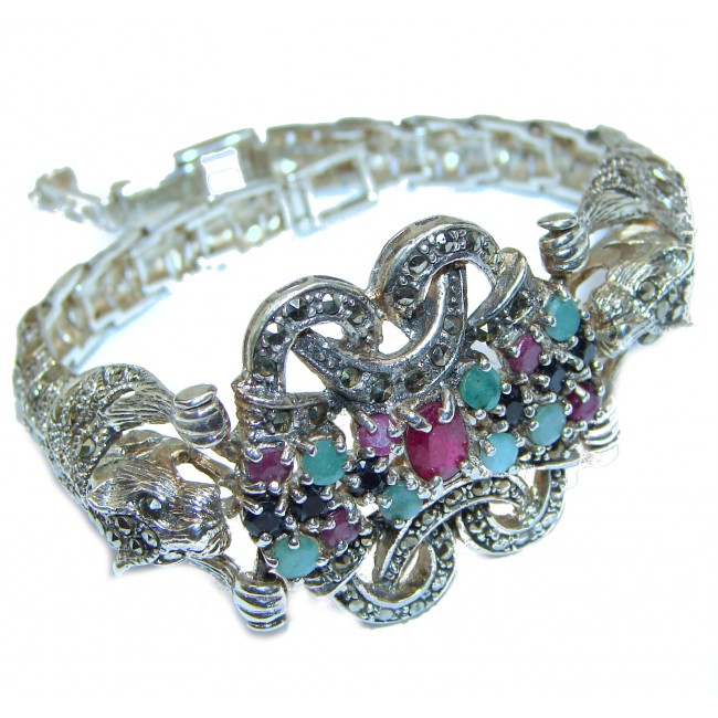 Precious Panthere Emerald Ruby Marcasite Sterling Silver Tennis Bracelet