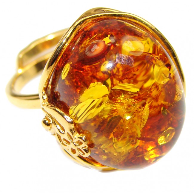 HUGE Genuine Baltic Amber 14K Gold over .925 Sterling Silver handmade Ring size 8 adjustable
