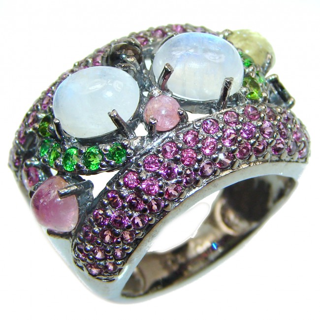 Energizing Moonstone Ruby Tourmaline .925 Sterling Silver handmade Ring size 8