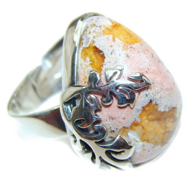 Good Energy Orange Genuine Mexican Opal .925 Sterling Silver handmade Ring size 8 adjustable
