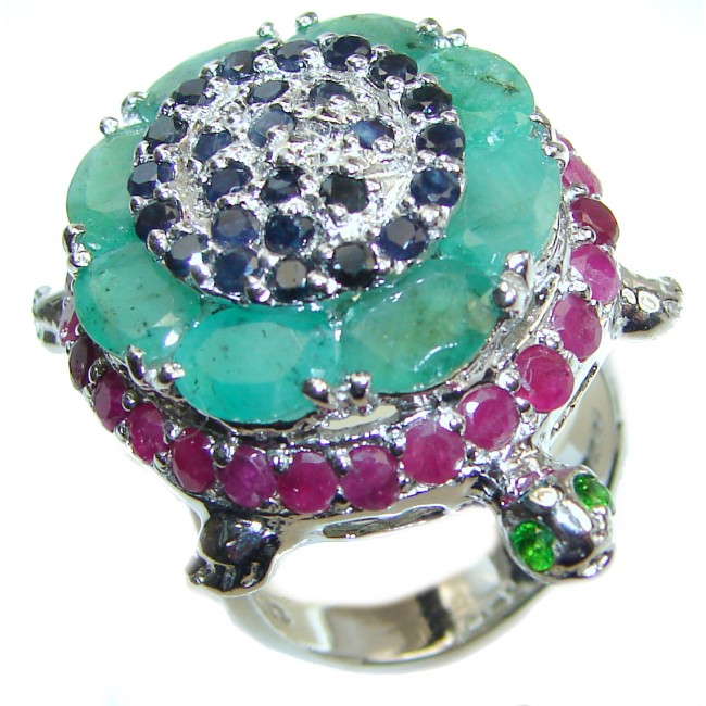 Good health and Long life Turtle Genuine Ruby Emerald .925 Sterling Silver handmade HUGE Ring size 9