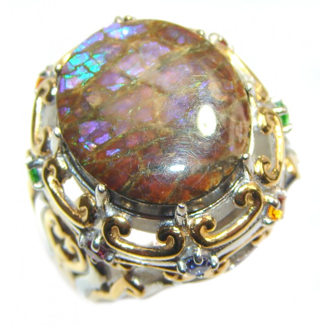 Outstanding Genuine Canadian Ammolite 18K Gold over .925 Sterling Silver handmade ring size 7
