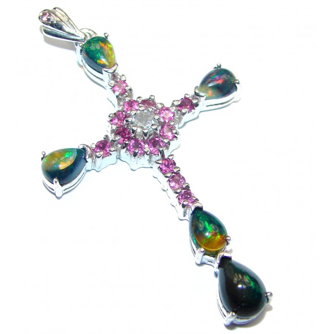 Holy Cross genuine Black Opal Garnet .925 Sterling Silver handmade pendant