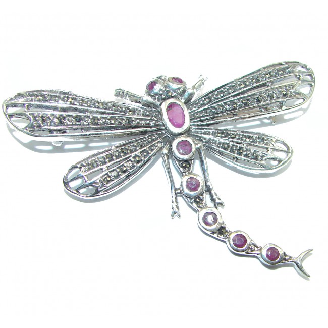 Incredible Dragonfly Natural Ruby 925 Sterling Silver Pendant Brooch