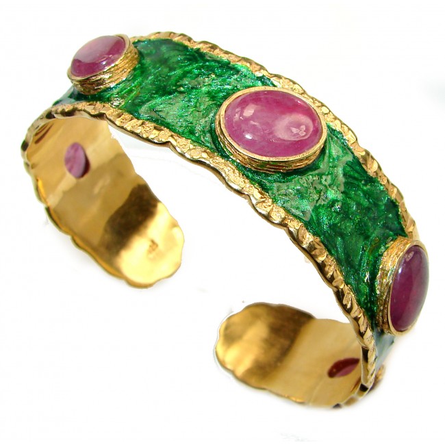 Green Enamel Royalty Kashmir Ruby .925 Sterling Silver handcrafted Bracelet cuff