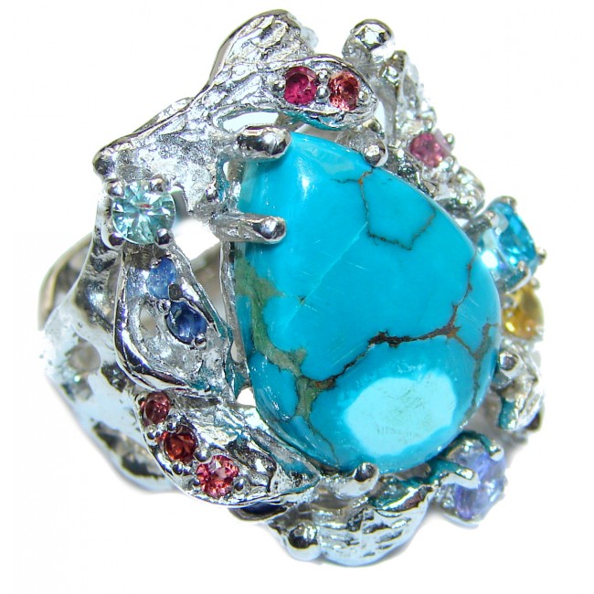 Large Authentic Turquoise .925 Sterling Silver handcrafted Ring s. 8