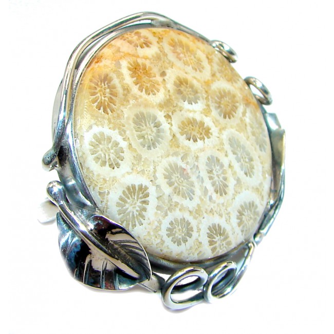 HUGE Natural Fossilized Coral .925 Sterling Silver handmade ring s. 7 adjustable