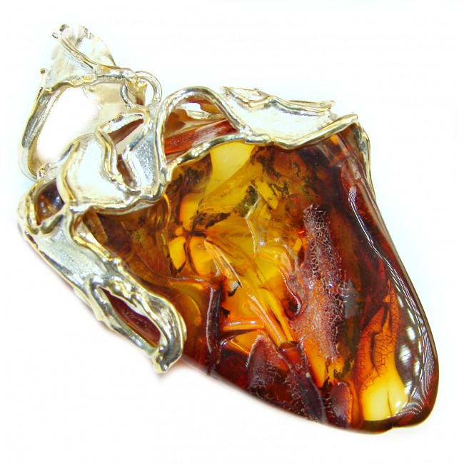 Clarity Huge 41.5 grams Natural Baltic Amber 2 tones.925 Sterling Silver handmade Pendant