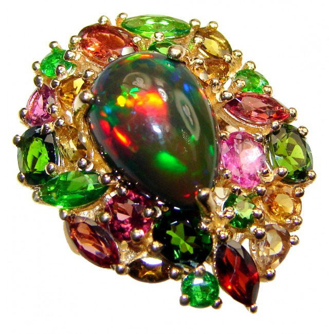 Incredible natural Fire Black Opal 18K Gold over .925 Sterling Silver handcrafted ring size 6 1/4