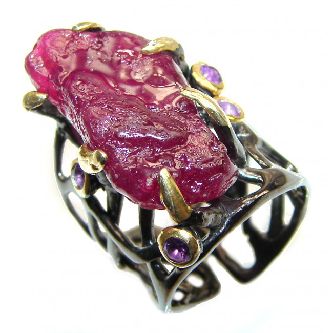 Authentic Rough Ruby black rhodium over 2 tones .925 Sterling Silver Ring size 7 adjustable