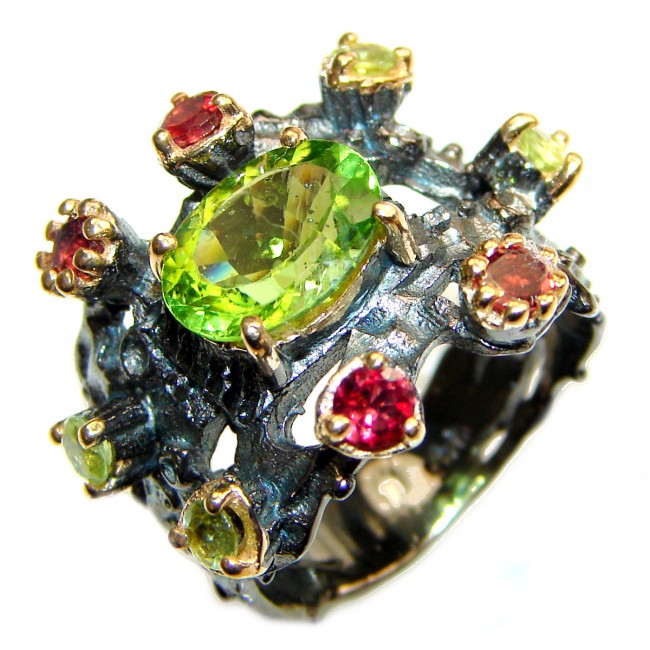 Energizing genuine Peridot Garnet black rhodium over .925 Sterling Silver handcrafted Ring size 7
