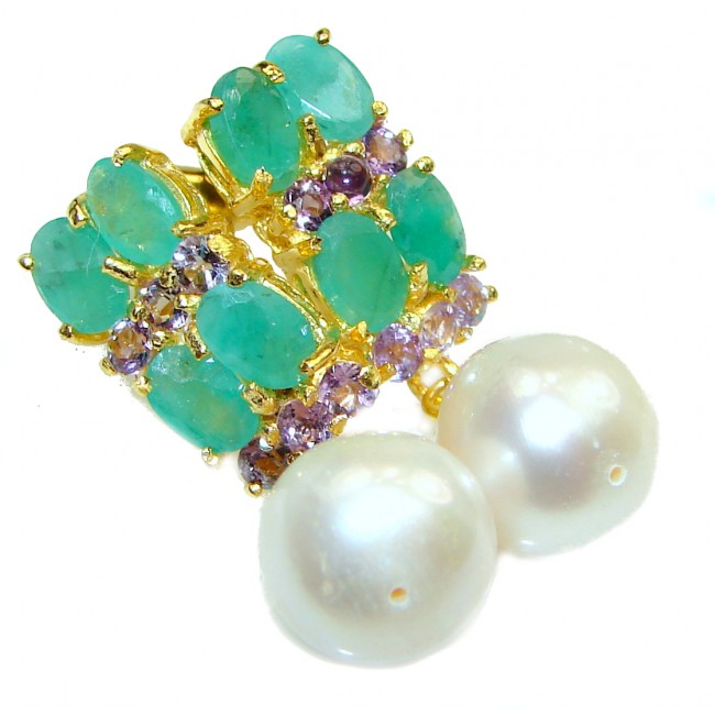 Precious genuine Pearl Emerald .925 Sterling Silver earrings