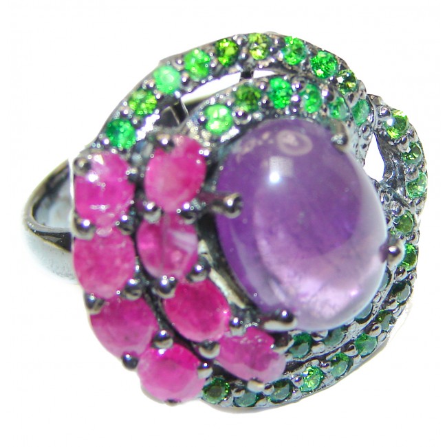 Victorian Style genuine Amethyst black rhodium over .925 Sterling Silver handcrafted Ring size 8 1/2