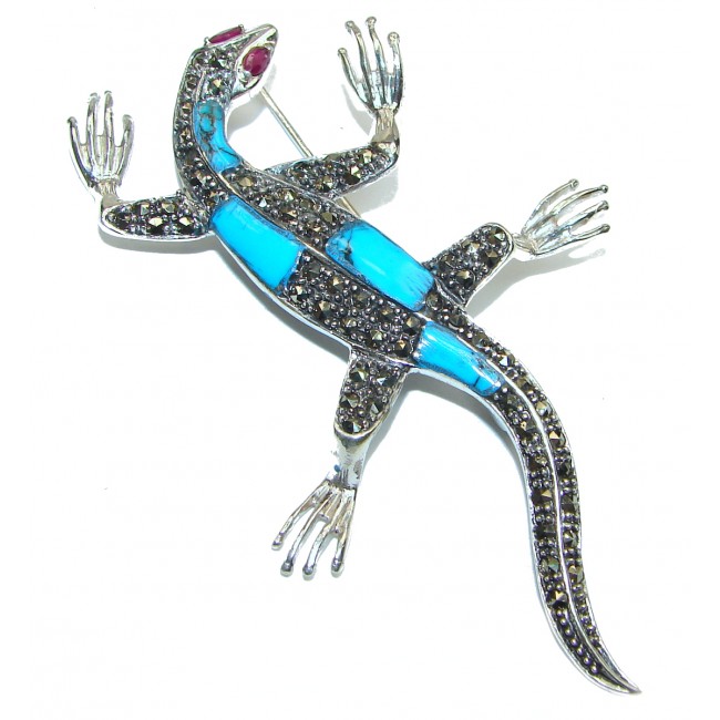 Spectacular Big Chameleon lizard Natural Turquoise .925 Sterling Silver handmade Pendant Pin