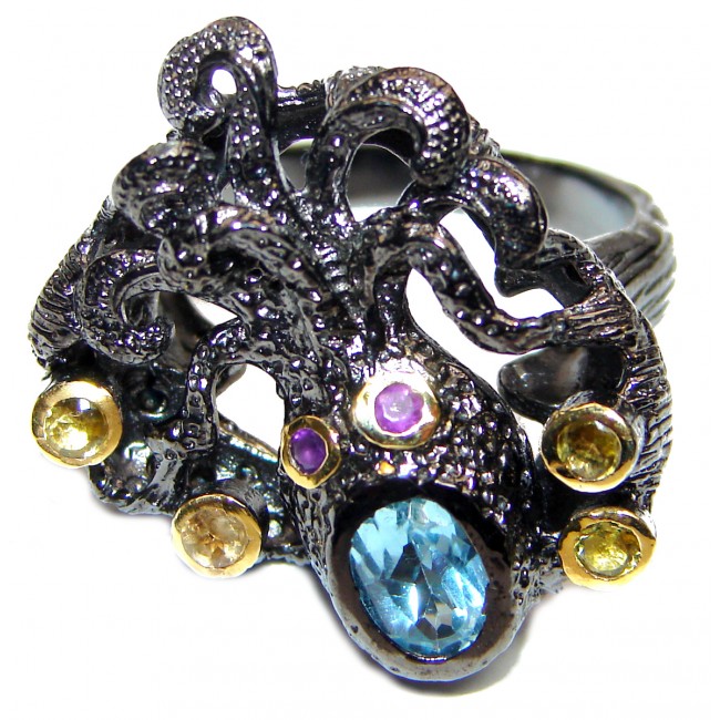 Huge Swiss Blue Topaz Octopus black rhodium over .925 Sterling Silver Ring s. 8