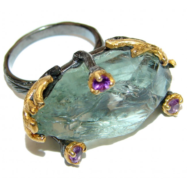 Huge Natural Rough Green Amethyst 14k Gold over .925 Sterling Silver handmade Cocktail Ring s. 6 1/4