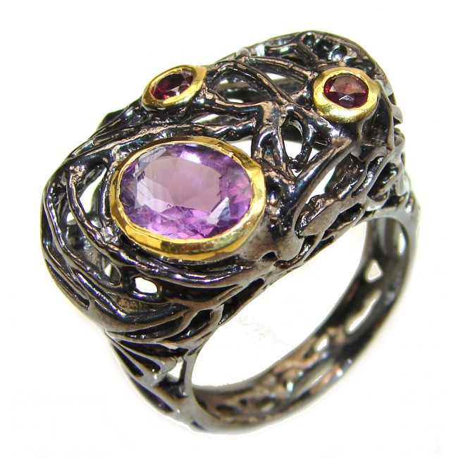 Authentic Garnet Amethyst black rhodium over .925 Sterling Silver handcrafted ring s. 8 1/4