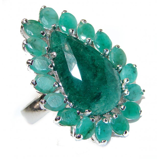 Fancy Genuine Emerald .925 Sterling Silver handcrafted Statement Ring size 8