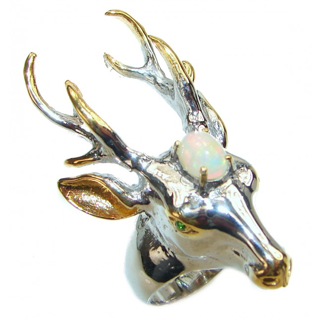 Large Deer Head Ethiopian Opal .925 Sterling Silver handmade Ring size 9 1/2