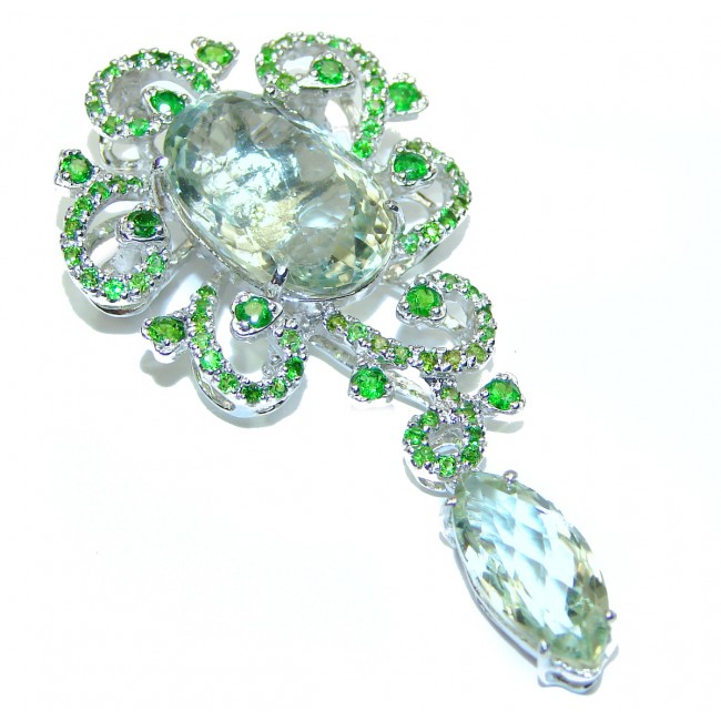 Vintage style Beauty genuine Green Amethyst Emerald .925 Sterling Silver handmade LARGE Pendant - Brooch