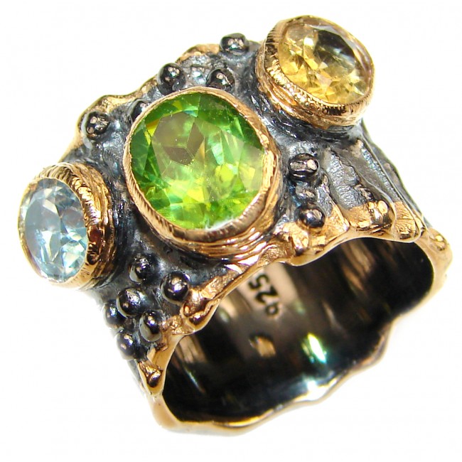 Energizing genuine Peridot Garnet black rhodium over .925 Sterling Silver handcrafted Ring size 5 3/4