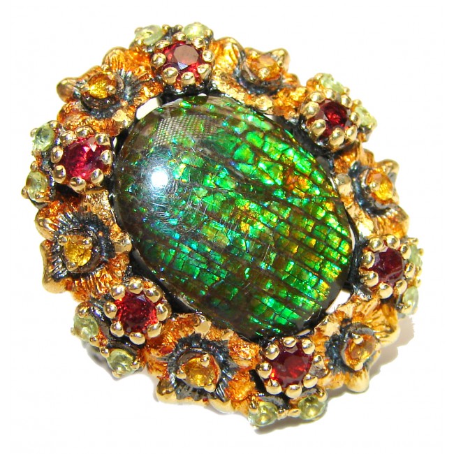 Outstanding Genuine Canadian Ammolite 18K Gold over .925 Sterling Silver handmade ring size 8 1/4