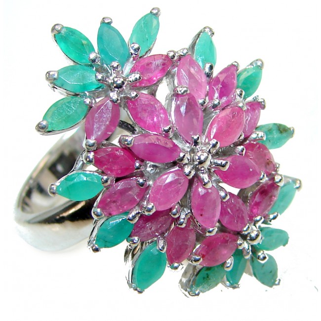 Perfect 45 ctw Ruby Emerald .925 Sterling Silver handcrafted Statement Ring size 8