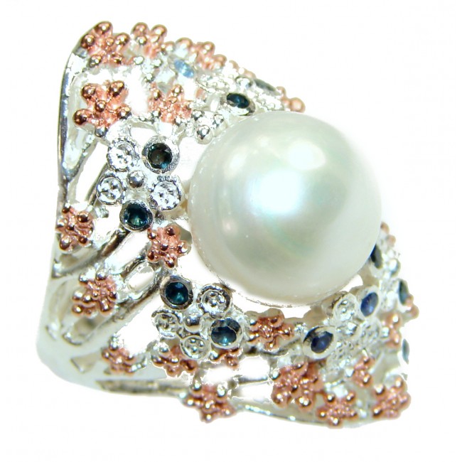 Pearl Sapphire 2 tones .925 Sterling Silver handmade ring size 8