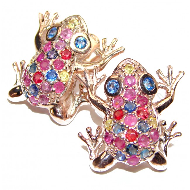 Frogs Sapphire Ruby Rose Gold over .925 Sterling Silver handcrafted earrings