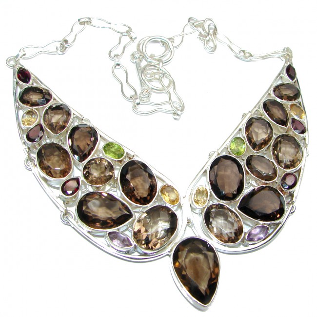 Giant Bohemian Style Champagne Smoky Topaz .925 Sterling Silver handmade necklace