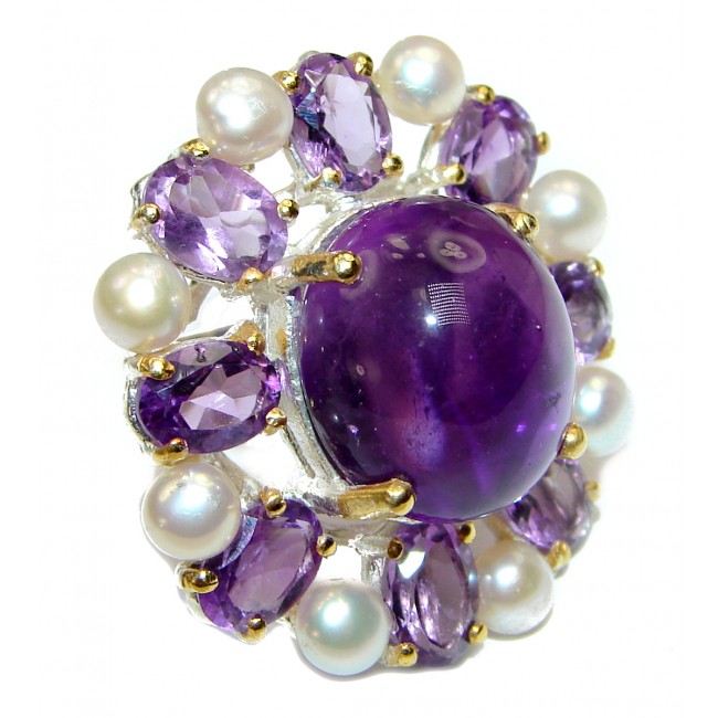 Purple Garden Amethyst Pearl .925 Sterling Silver Statement Huge Ring s. 7