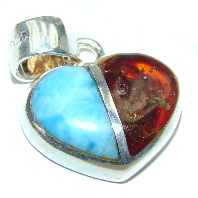 Huge Angel's Heart amazing quality Larimar Amber .925 Sterling Silver handmade pendant