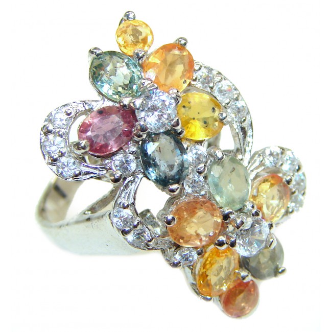 Valentina Genuine multicolor Sapphire .925 Sterling Silver handcrafted Statement Ring size 7 1/2