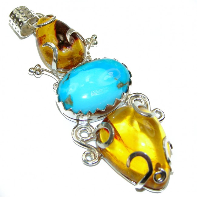 Huge amazing quality Turquoise Amber .925 Sterling Silver handmade pendant