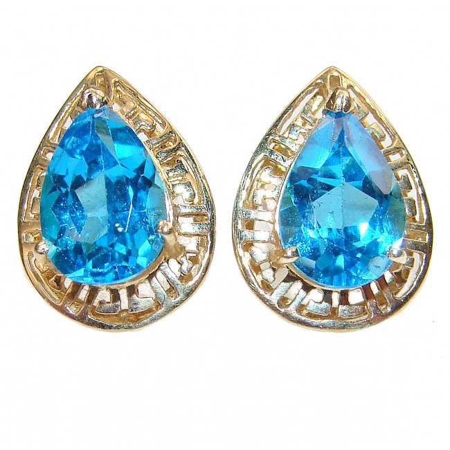 14K yellow Gold 4.3 carat pear shape Swiss Blue Topaz Earrings