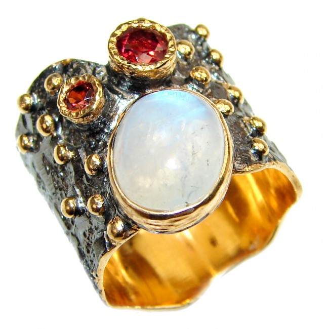 Special Fire Moonstone 14K Gold rhodium over .925 Sterling Silver handmade ring s. 8
