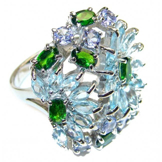 Huge Aquamarine Chrome Diopside .925 Sterling Silver handcrafted ring size 9