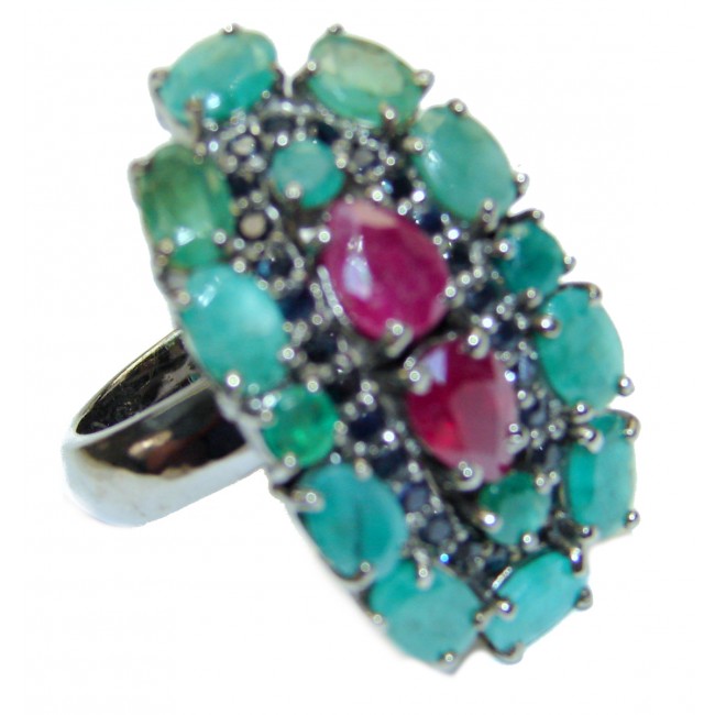 Incredible quality Ruby Emerald .925 Sterling Silver handcrafted Statement Ring size 8