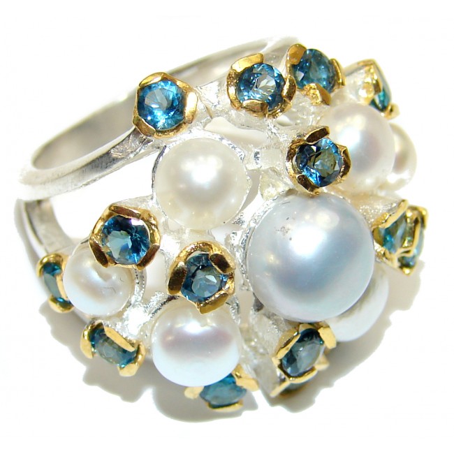 Excellent Pearl London Blue Topaz Gold over .925 Sterling Silver handmade ring size 5 3/4