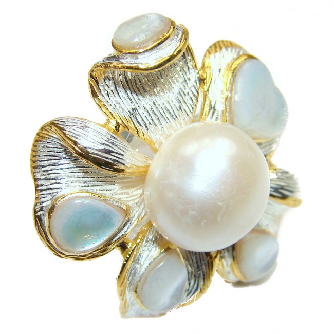Divine Creation White Pearl 14K Gold over .925 Sterling Silver handmade ring size 7 1/2