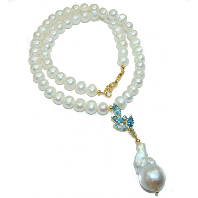 Tsarist heirloom Pearl & Swiss Blue Topaz 14K Gold over .925 Sterling Silver handmade Necklace