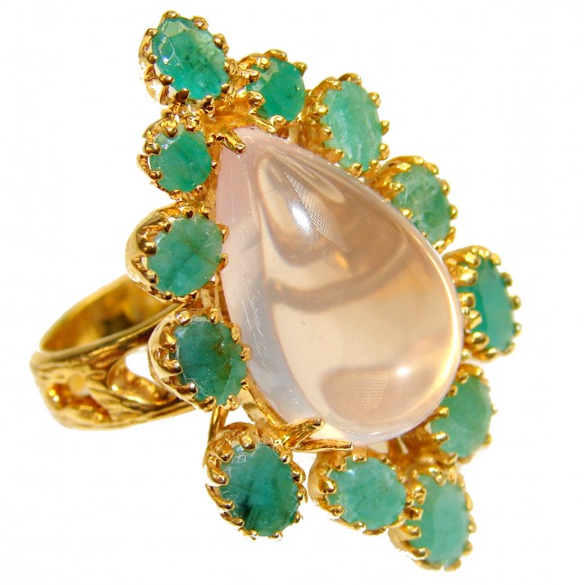 Huge Authentic Rose Quartz Emerald 14K Gold over .925 Sterling Silver Ring size 8