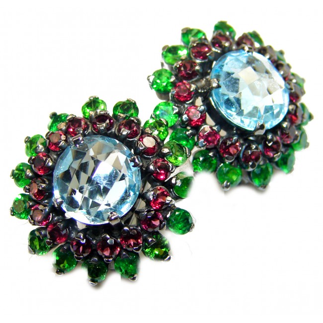 Dazling Swiss Blue Topaz Ruby Emerald .925 Sterling Silver handcrafted earrings