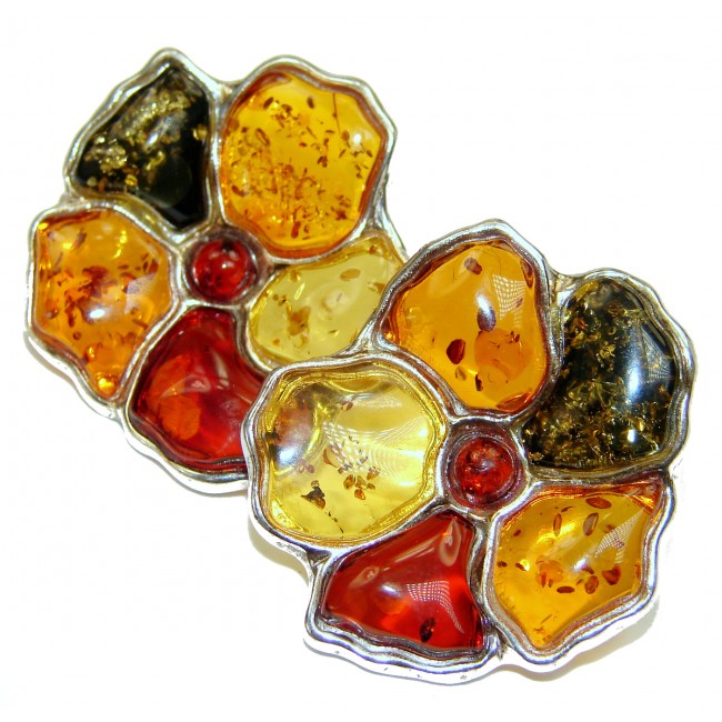 Wonderful Flowers Amber .925 Sterling Silver entirely handcrafted chunky earrings