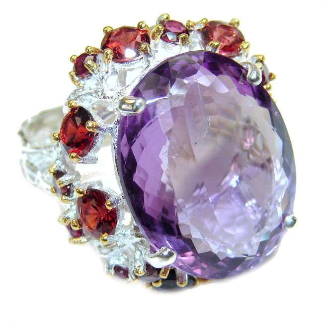 Royal Quality 62 carat Amethyst 2 tones .925 Sterling Silver handcrafted Statement Ring size 8 1/2